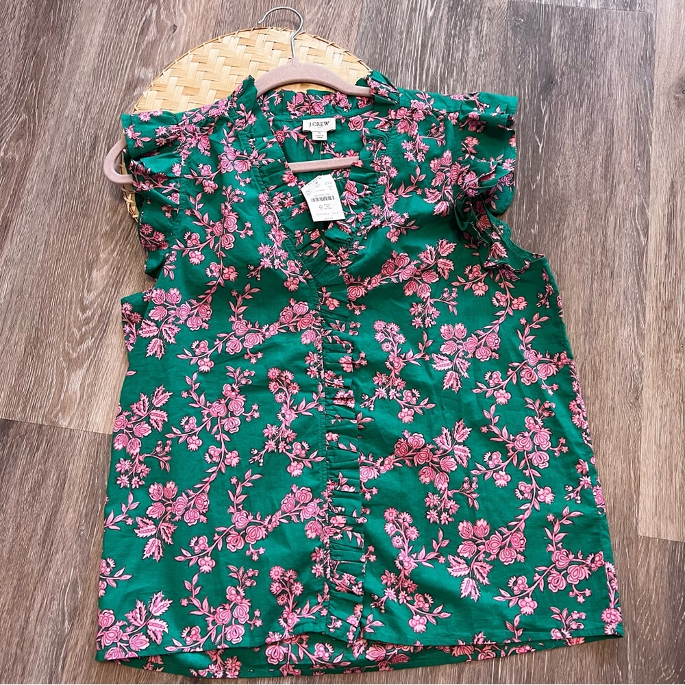 NWT J. Crew ruffle trim sleeveless blouse green and pink floral print button‎